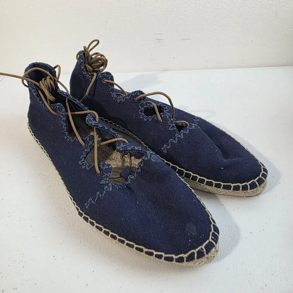 Tory Burch Sonoma Gillie Espadrille Navy Blue Canvas Lace Up Flats Size US 7